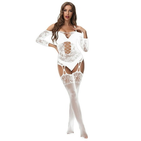 

Maplople Sexy Womens Lingerie Fishnet Seamless Mesh Netting Stockings Chemise Hollow Out Babydoll Bodysuit Sleepwear