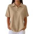 thumbnail image 3 of Women's Waffle Knit Short Sleeve Button Down Collared Polo Shirt Casual Loose Fit Tops for Spring Khaki XL, 3 of 6