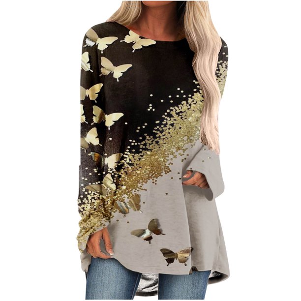 Mujeres moda casual manga larga cuello redondo tops blusa suelta camisas impresas Pompotops FGAJ4874