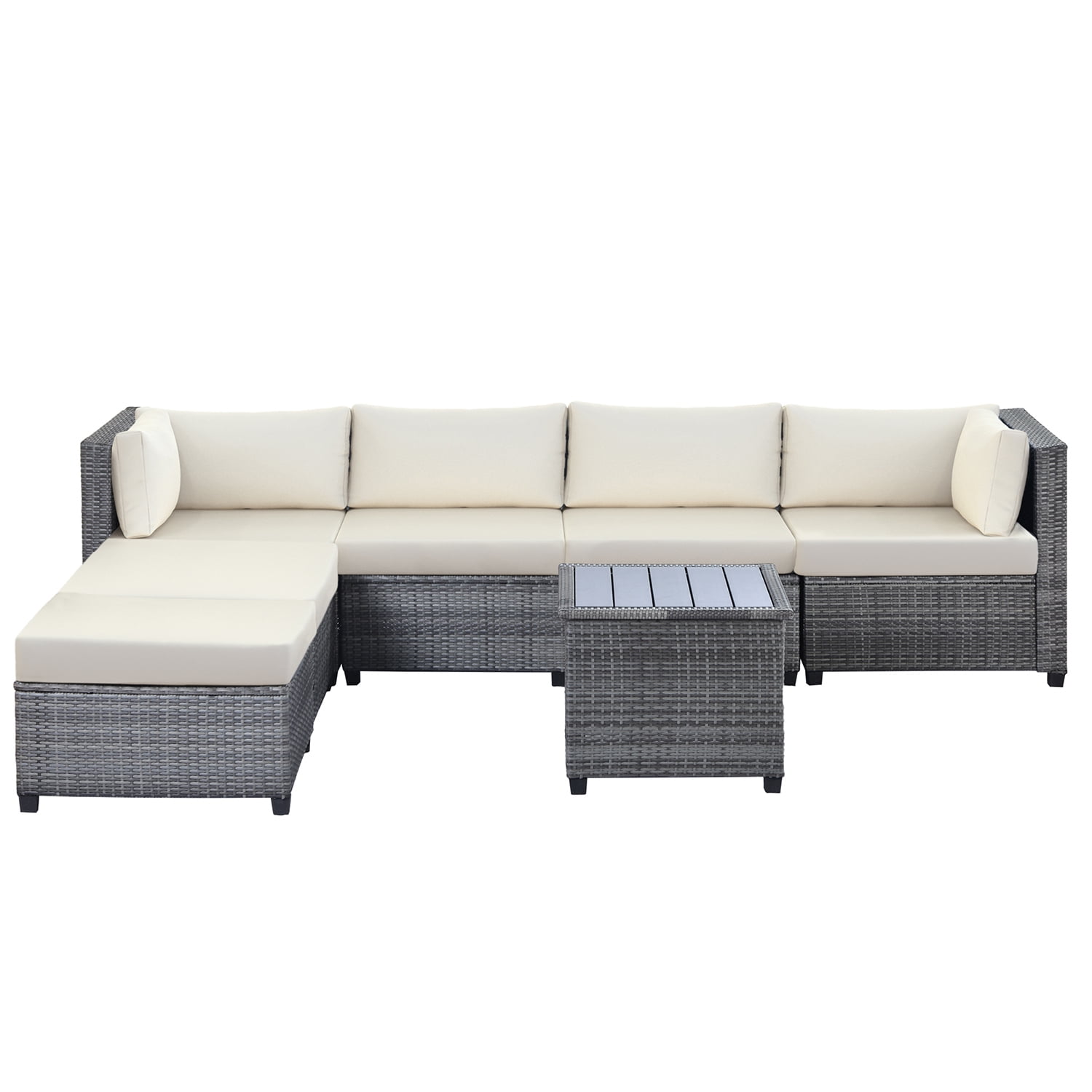Kadyn 7 Piece Rattan Sectional Seating Group, Outdoor Conversation Sofa Set, Outdoor Ratten Sofa NEW with Cushions and Table, Beige