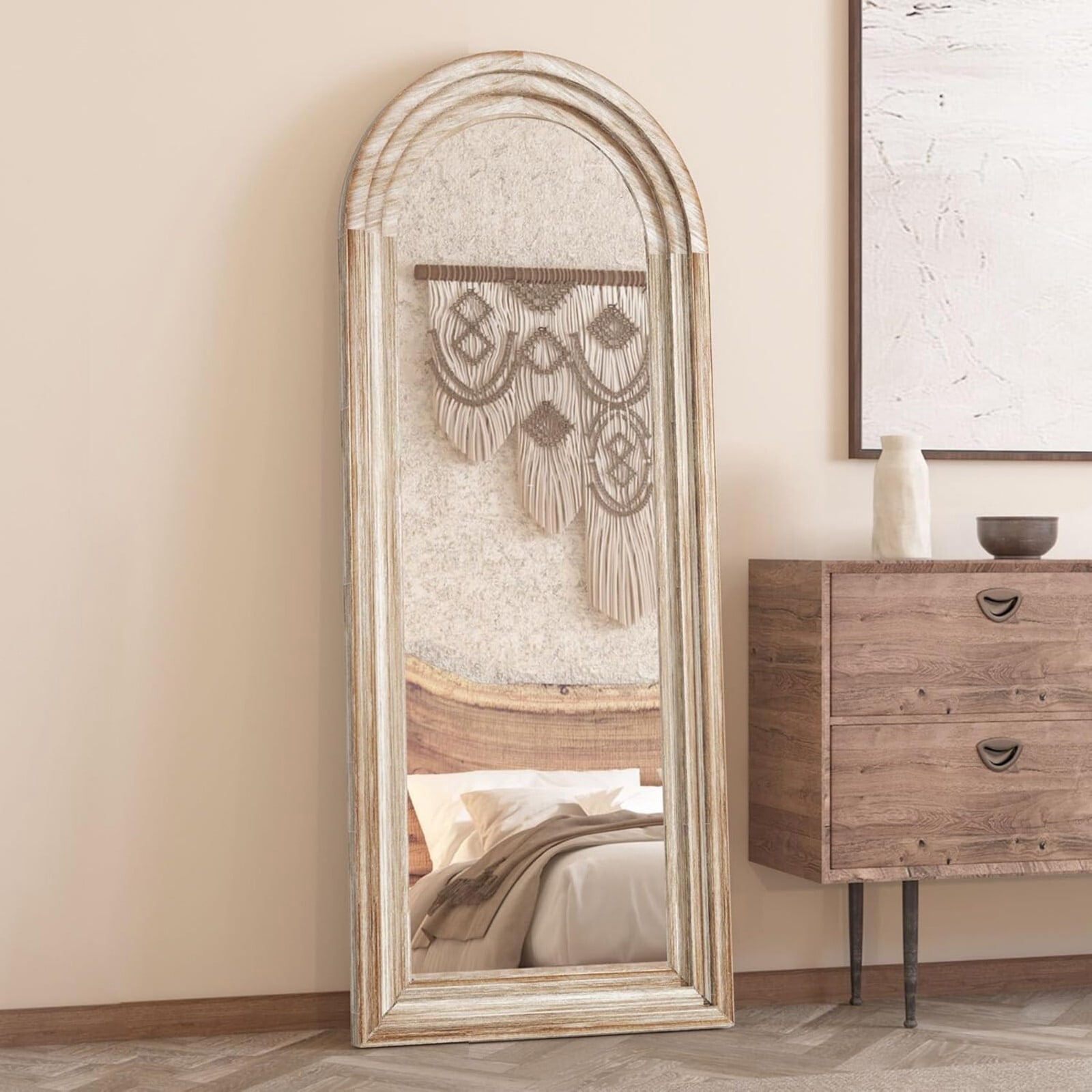 BEAUTYPEAK 65"x22"Wooden Arched Full Length Mirror with Stand,White