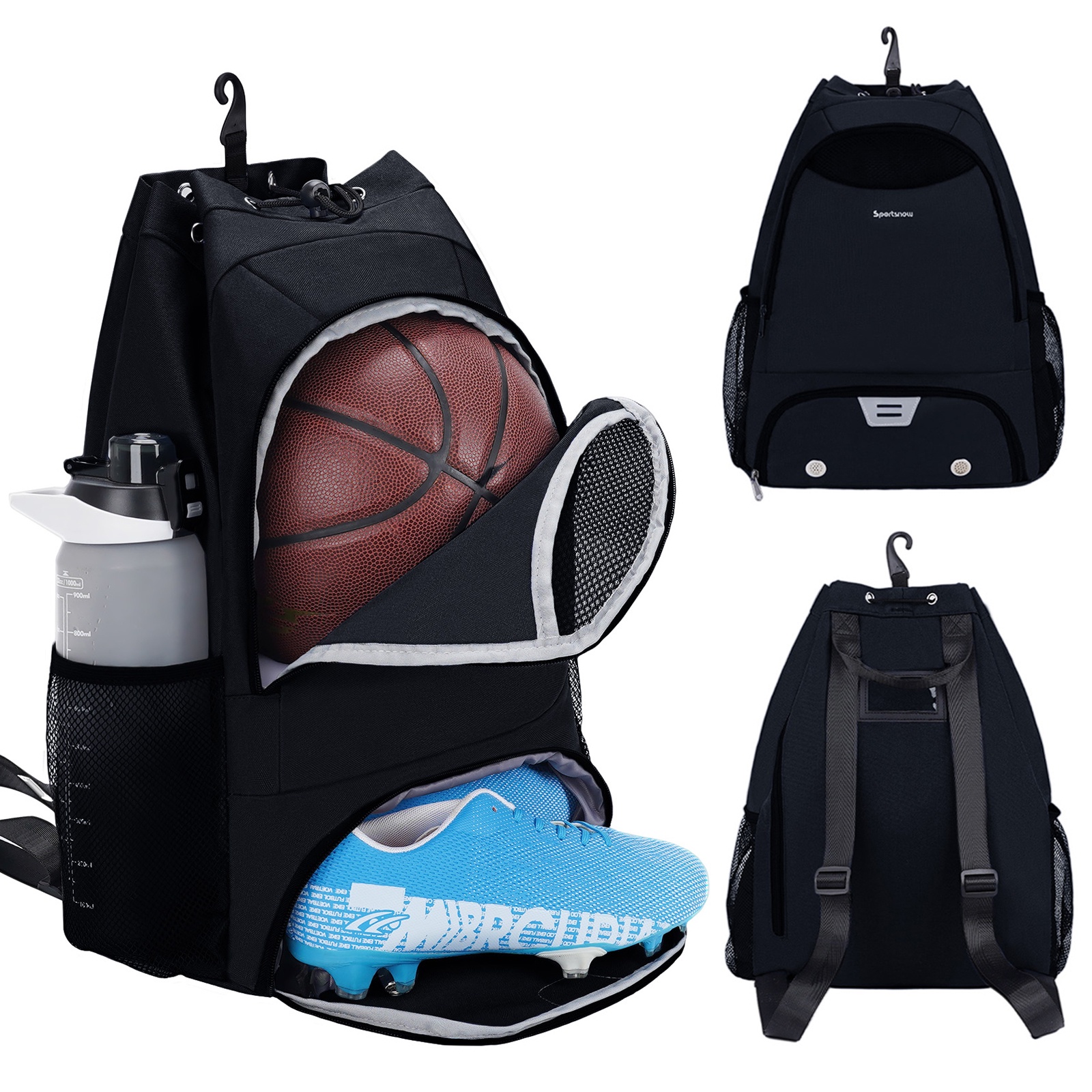 Soccer Backpack Basketball Bag Black Drawstring Sports Backpack Gym with Shoe Compartment Wet Pocket Hook with Name Tag, for Men Women Youth Adults
