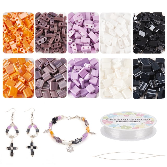 About 500 Pcs Tile Bracelet Making Kit Including Two Hole Glass Rectangle Beads Big Eye Beading Needles Elastic Thread for Bracelet Necklace Earring Jewelry Making