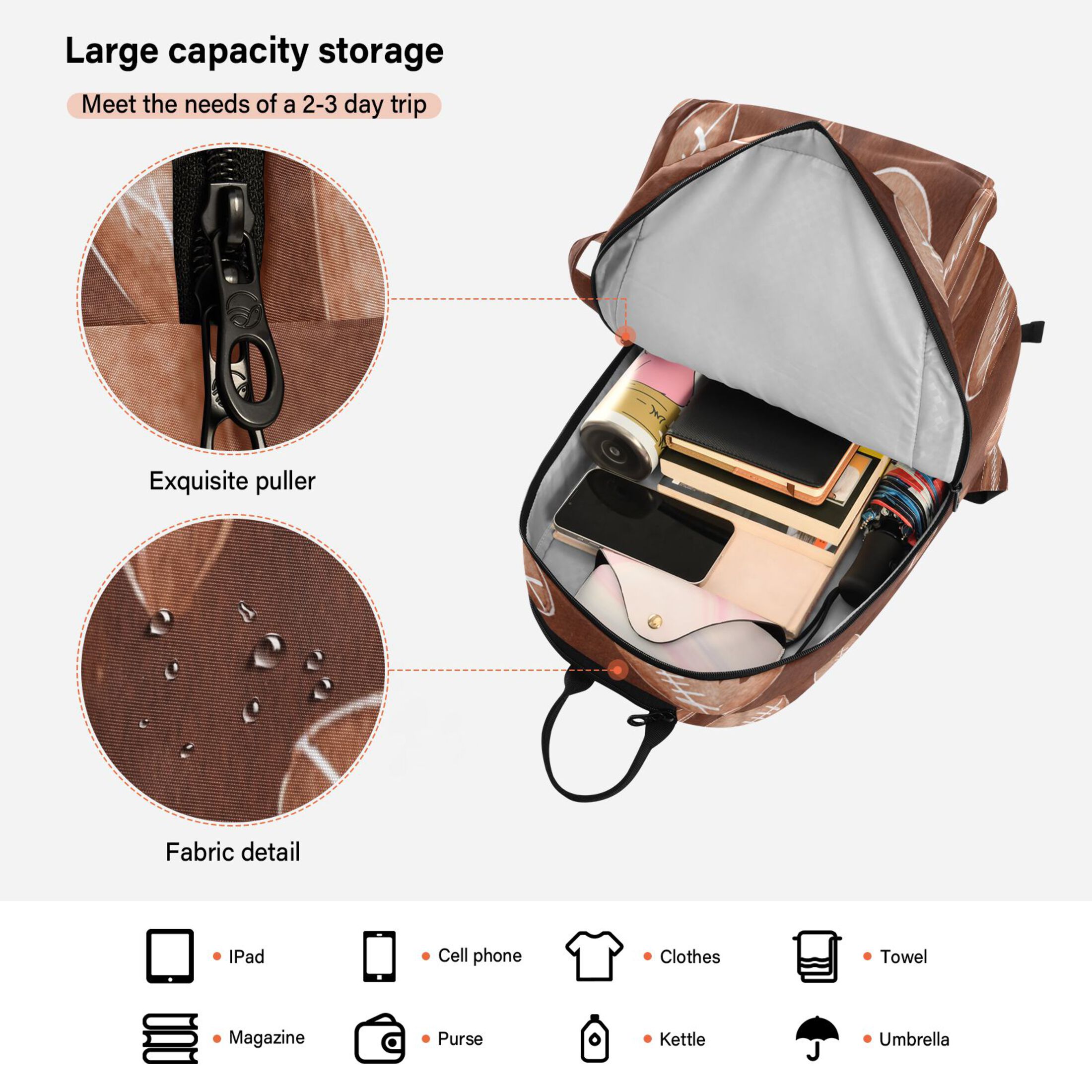2 Racquet Holder Tennis Backpack Tennis Racket Covers Gym Bags Brown Rugby Balls Pattern
