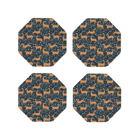 

Fuzoiu Reindeer Print Leather Coasters Set Drink Coasters Set of 4 for Tabletop Protection Durable PVC Coasters Home Décor and Housewarming Gift-Octagon