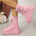 thumbnail image 4 of SACFOF Women's Pink Platform Boots Wedge Combat Gothic Chunky Heel Lace Up Mid Calf Punk Motorcycle Shoes, 4 of 6