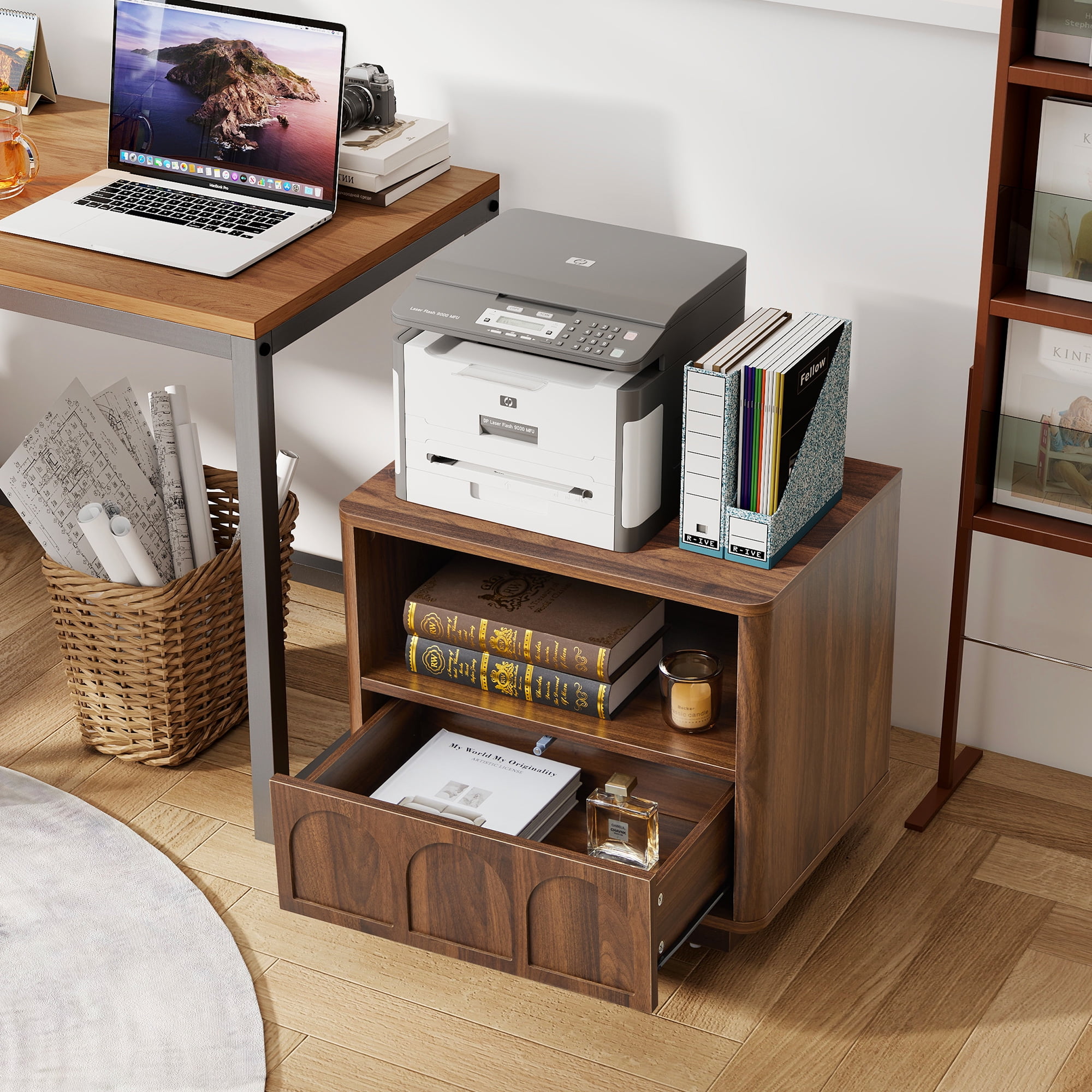 Wirrytor Set of 2 Modern Nightstands with Charging Station, Fluted Bedside Tables with Storage Drawers and Open Shelf for Bedroom and Living Room, Brown