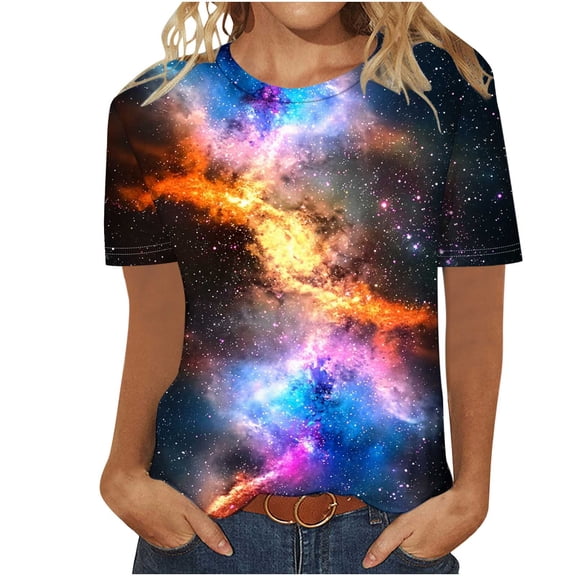 Xuyuer Women's Fashion Loose Casual Star Print Round Neck Short Sleeve T-Shirt Top - Relaxed Graphic Tee for Everyday Celestial Style