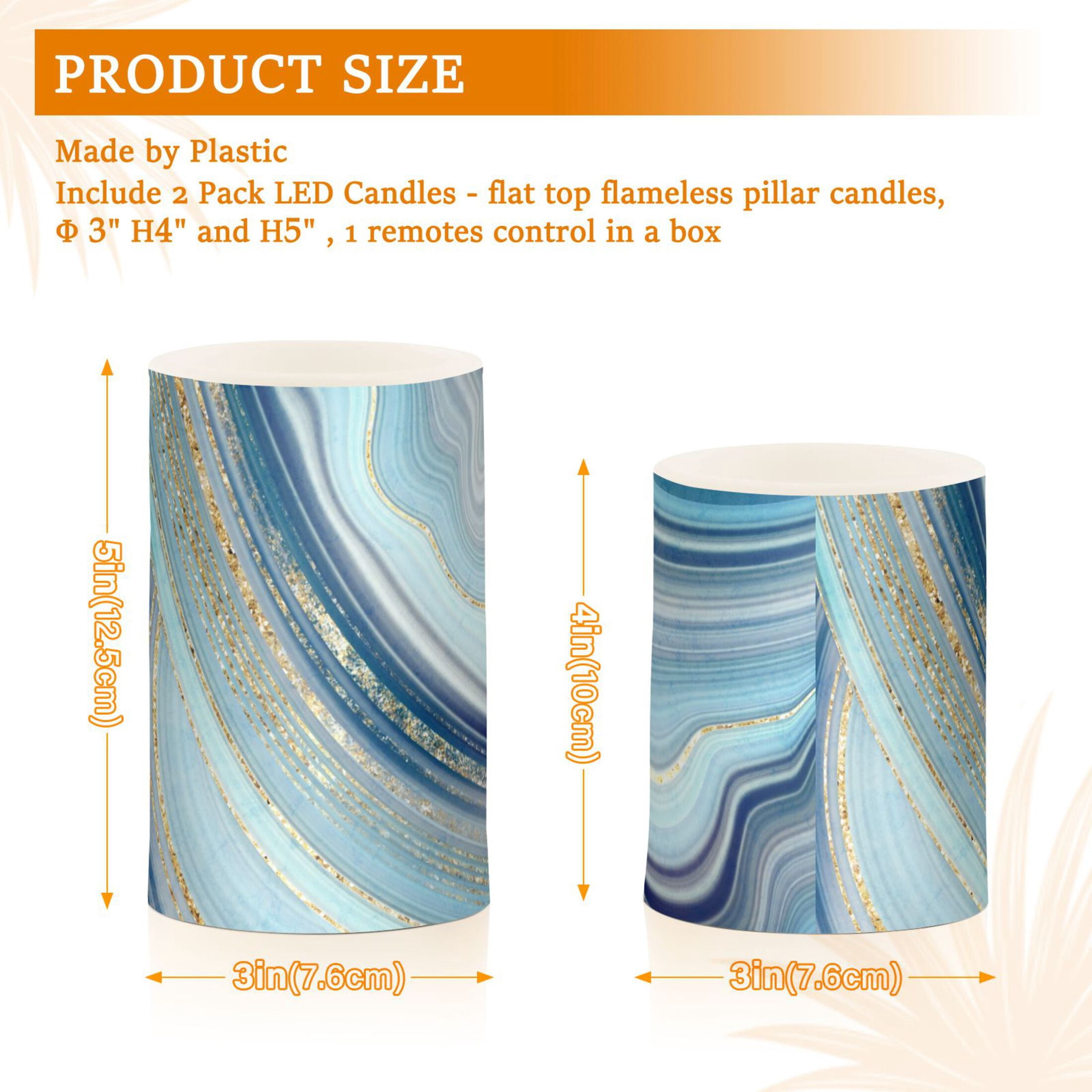 Blue and Gold Marble 2 PCS LED Flickering Flameless Candles with Remote Control Realistic 3D Wick LED Window Candles Sets for Wedding Table Home Decoration Gifts
