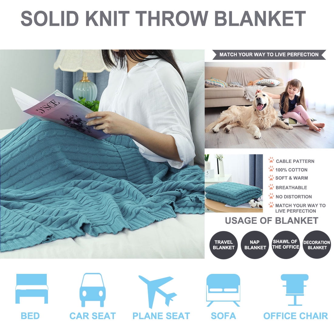 Unique Bargains 100% Cotton Soft Cable Knit Blanket Teal Blue Full(70" x 78")