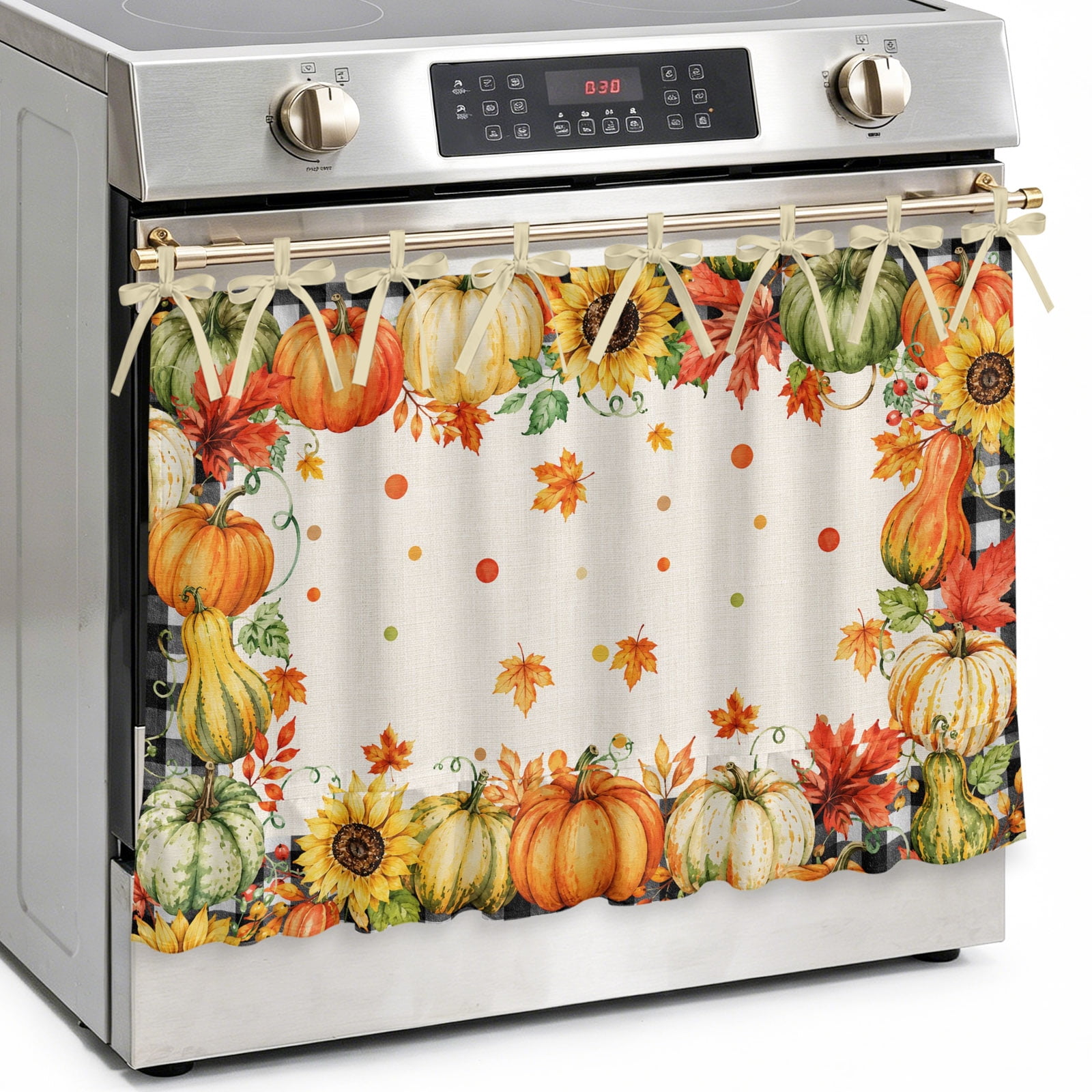Orange Pumpkins Fall Oven Skirt Curtain Kitchen Stove Skirt Cover with Tie Top Thanksgiving Pumpkin Leaves Checkered Decorative Cabinet Cover Dishwasher Curtain for Farmhouse Decor 30x21.5 Inch