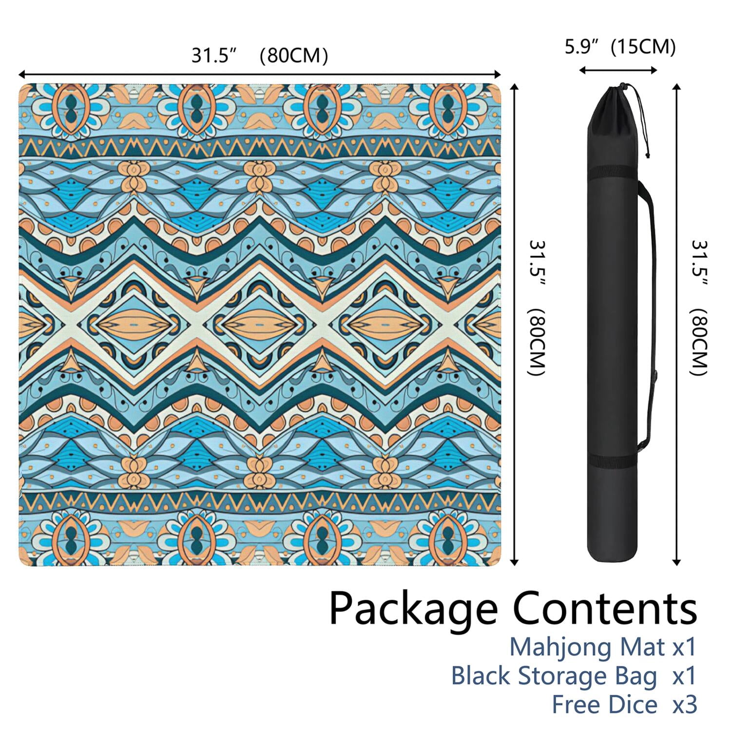 Boho Inspired Extra Large Non-Slip Game Mat 31.5x31.5 Inch Rubber Mahjong Table Cover with Noise Reduction for Playing Tiles Cards and Family Game Nights