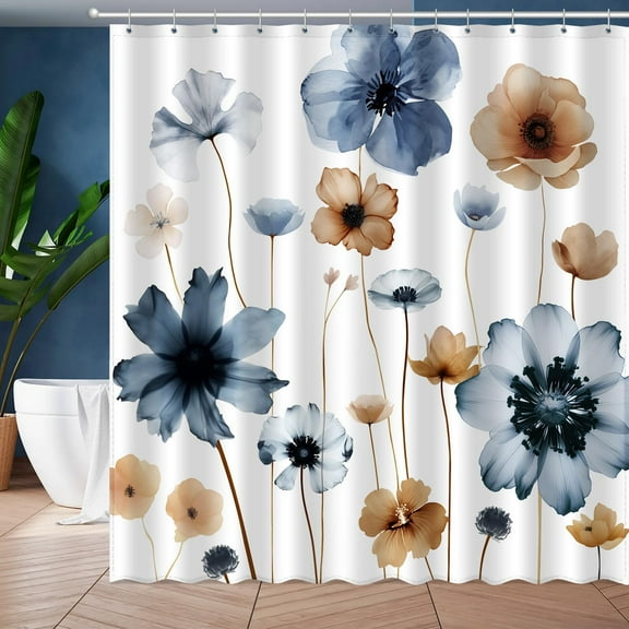 Watercolor Floral Shower Curtain, Blue & Brown Flower Botanical Leaves Bathroom Decor, Boho Modern Minimalist Waterproof Fabric Bath Curtain Set with 12 Hooks 72x72 Inches