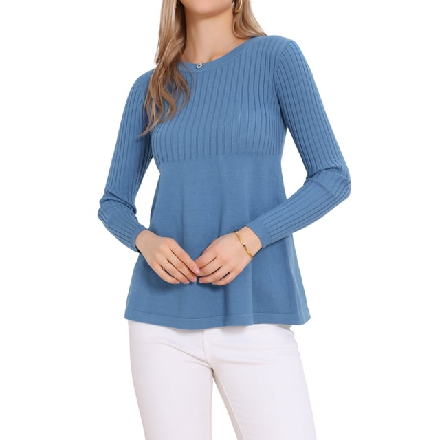 SUÉTERES DE PULÓVER CHIC INSPIRADOS PARA MUJERES, AJUSTE SUELTO CASUAL, CUELLO REDONDO, MANGA LARGA, SUÉTER DE PUNTO ELÁSTICO, TOPS ELEGANTES PEPLUM TALLA S AZUL