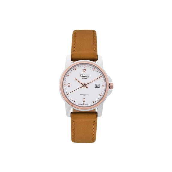 Orlean Womens Easy to Read Watch with Date - 316L Stainless Steel Case with Leather Watch Band - 27mm Analog Ladie's Wrist Watches - White Dial - Rose Gold / Silver / Tan Band