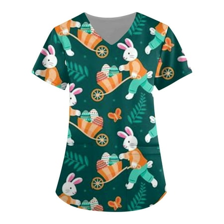 

Mlqidk Easter Printed Scrub Tops for Women Breathable Easter Eggs Bunny Pattern V-Neck T-Shirts Tee Scrubs Top with Pockets