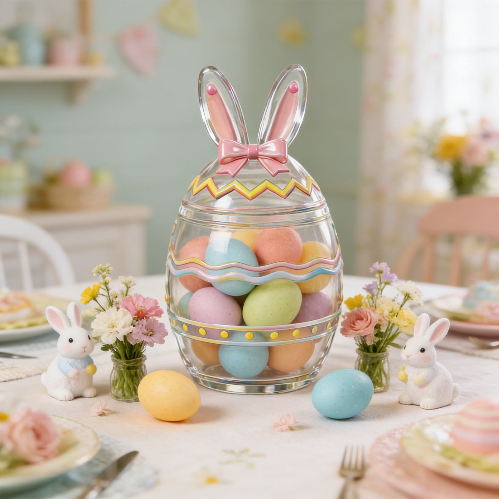 Easter Themed Glass Candy Jar with Lid, Rabbit and Egg Decorative Storage Container, Airtight Treat Jar for Kitchen Counter, Festive Holiday Gift Box for Sweets and Snacks