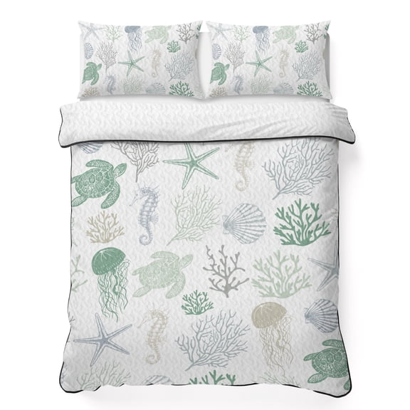 Twin Quilt Set 68''x86'', Green Coastal Lightweight Summer Bedspread Coverlet Set with 2 Pillow Shams, Nautical Summer Beach Coral Sea Turtle Breathable All Season Quilt Bedding for Dorm/Bedroom