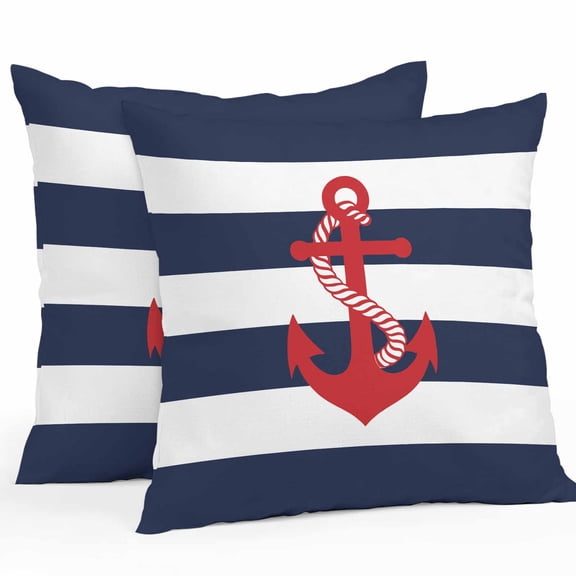 Nautical Anchor Outdoor Pillow Covers Pack of 2 Coastal Navy Blue Stripe Waterproof Throw Pillow Covers Decorative Cushion Cases for Patio Garden Tent Balcony Couch 20x20 inch