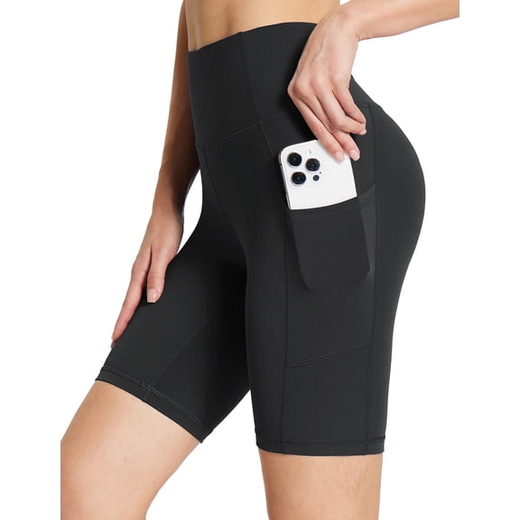 BALEAF Womens Spandex Shorts 8" High Waisted Biker Workout Compression Shorts with Pockets Black L