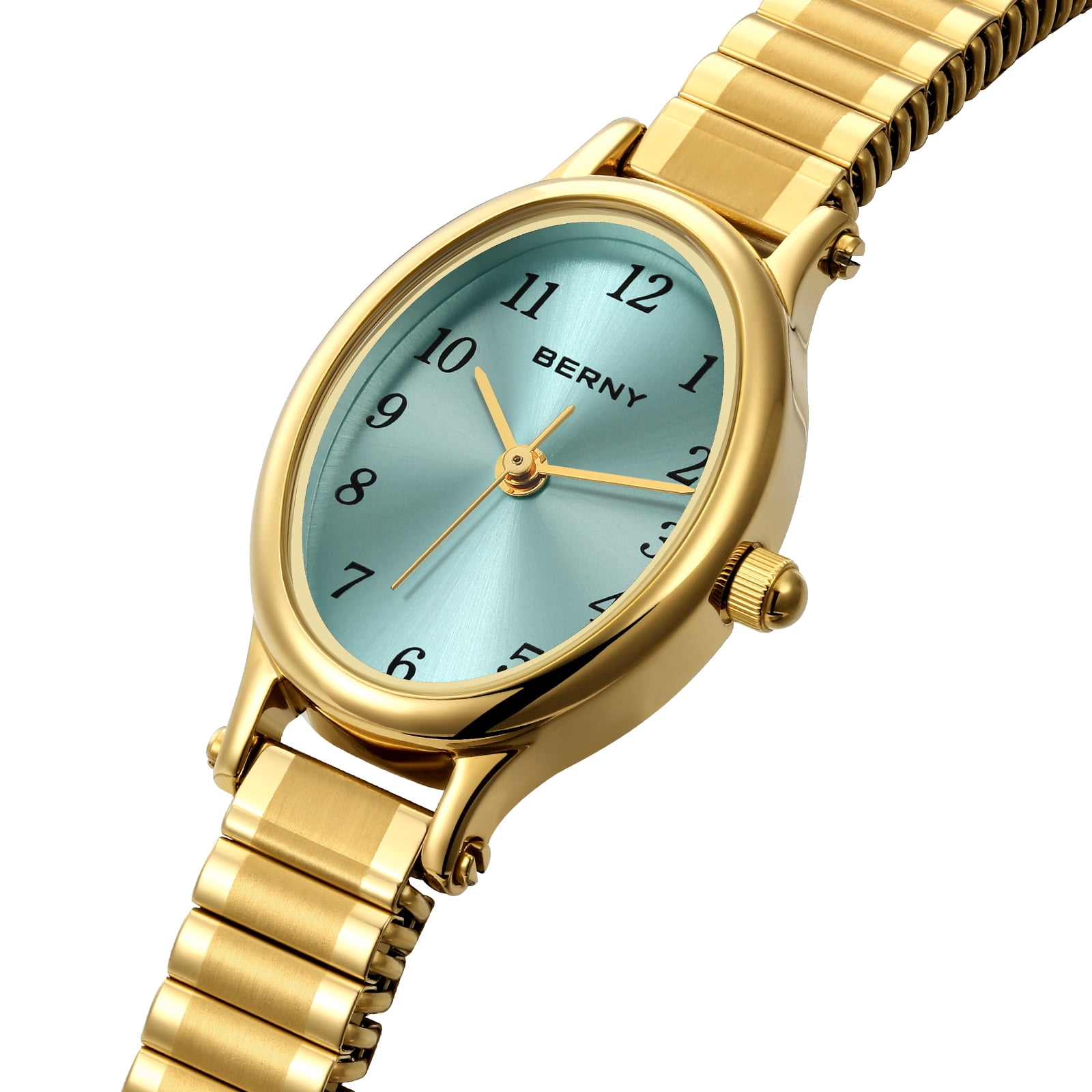 BERNY Small Gold Watches for Women, Dainty Luxury Oval Dial, Expansion Band Watch, Fashion Ladies Analog Quartz Watch, Waterproof Women Wristwatch Gifts, Light Blue