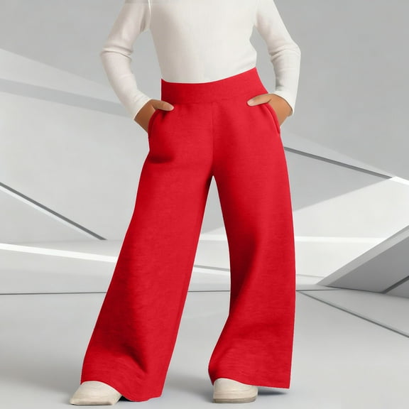 UQJfacai Girls Baggy Sweatpants Fleece Wide Leg Casual Pants Elastic High Waisted Straight Lounge Pants with Pockets 4-15 Years
