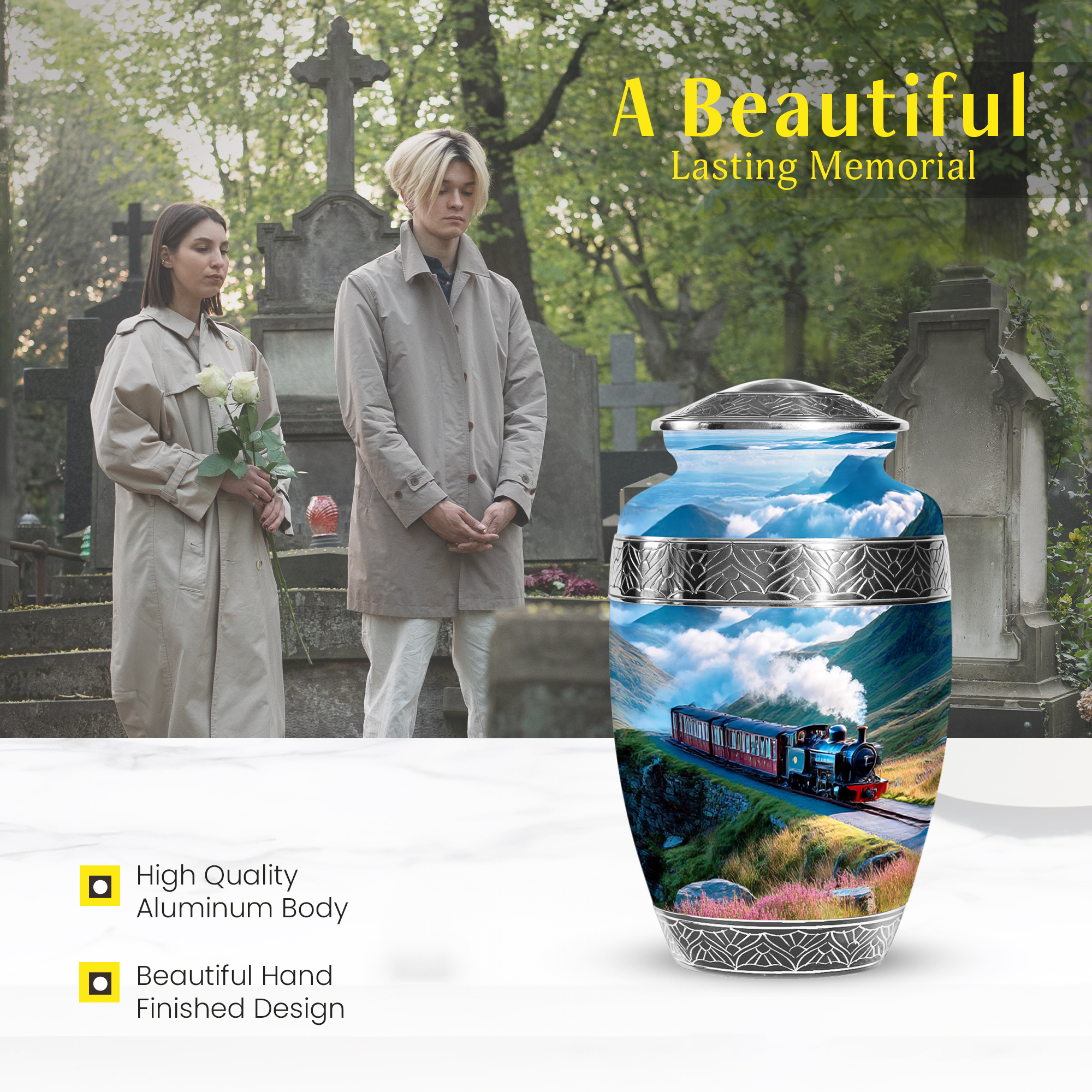 MUKTIVE Train Cremation Urns for Human Ashes Adult Female, Large Funeral Urns for Adult Male, Decorative Burial Urn for Father & Mother, Memorial Urn for Ashes for Men & Women, 10 Inch