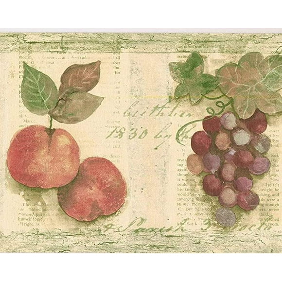 Concord Wallcoverings Fruits Themed Wallpaper Border Featuring Pears Grapes Apples Cherries, Colors Green Red Yellow, Size 7 Inches by 15 Feet TK78256