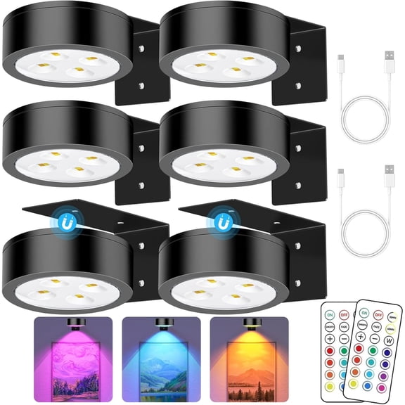 RGB Picture Light Battery Operated Painting Lights for Wall Wireless Magnetic Display Art Light with Remote Controls,Dimmable&Timer for Art Frame Artworking,6Pack Black