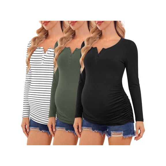 Weardear 3 Packs Maternity Shirts Henley Neck Side Ruched Pregnancy Tops Long Sleeve Maternity Clothes