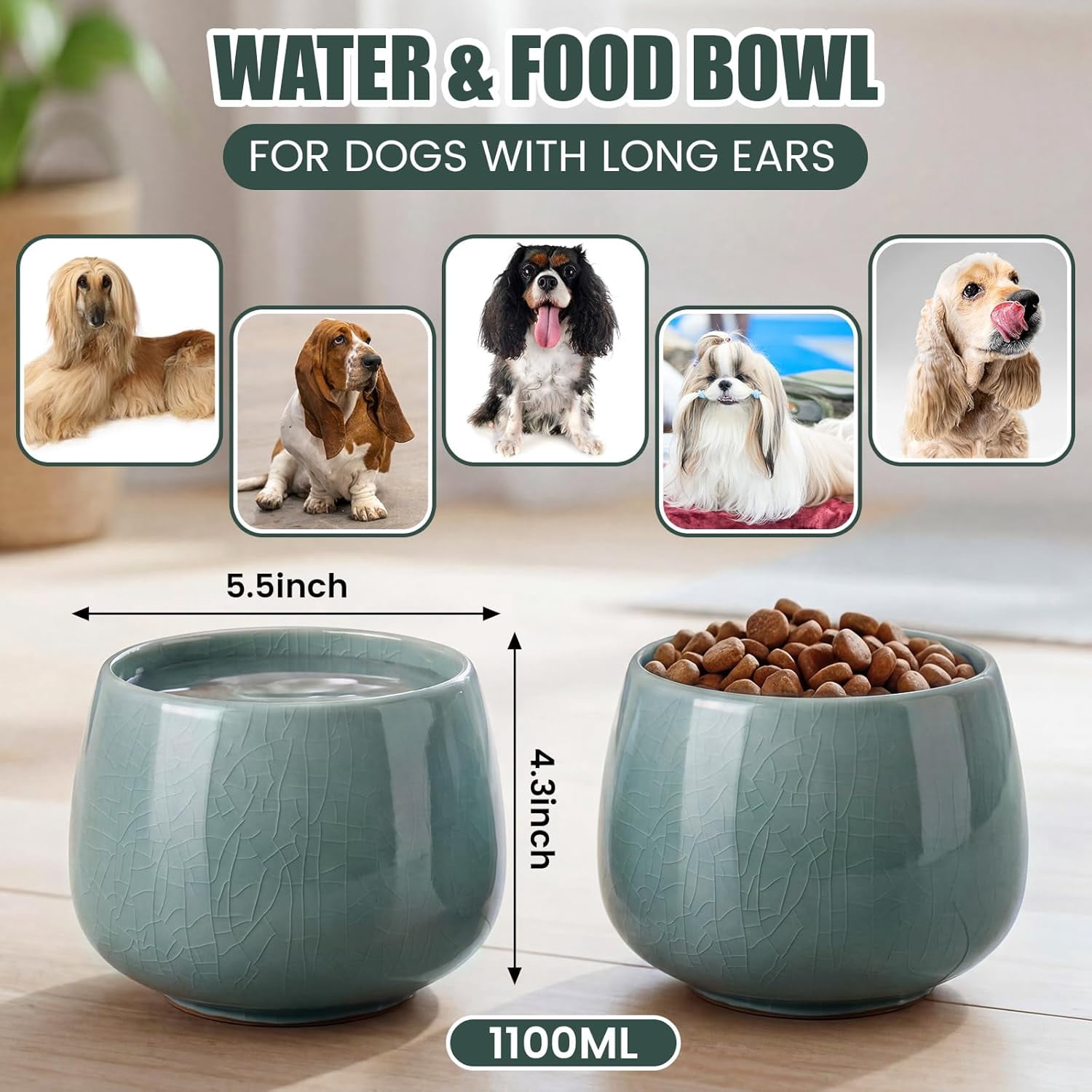 1 Pack 37 oz Ceramic Dog Bowl for Large Dogs with Long Ears No Spill Water & Food Pet Bowl Cocker Spaniel Beagle Bassett (Pale Cyan)