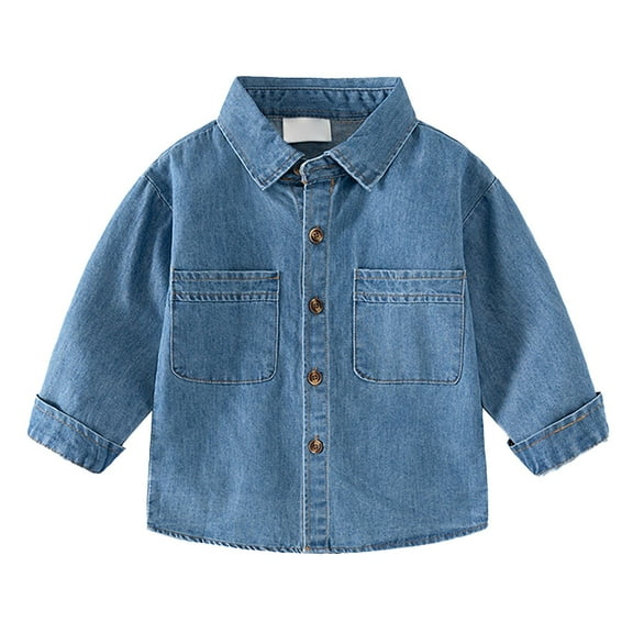 LNMQLPDBS Boys Button Down Shirt Long Sleeve Lapel Cowboy Blouse with Two Chest Pocket Toddler Boys Denim Shirt for Spring Autumn Party Vacation Trendy Tops for Kids Blue 3-4 Years
