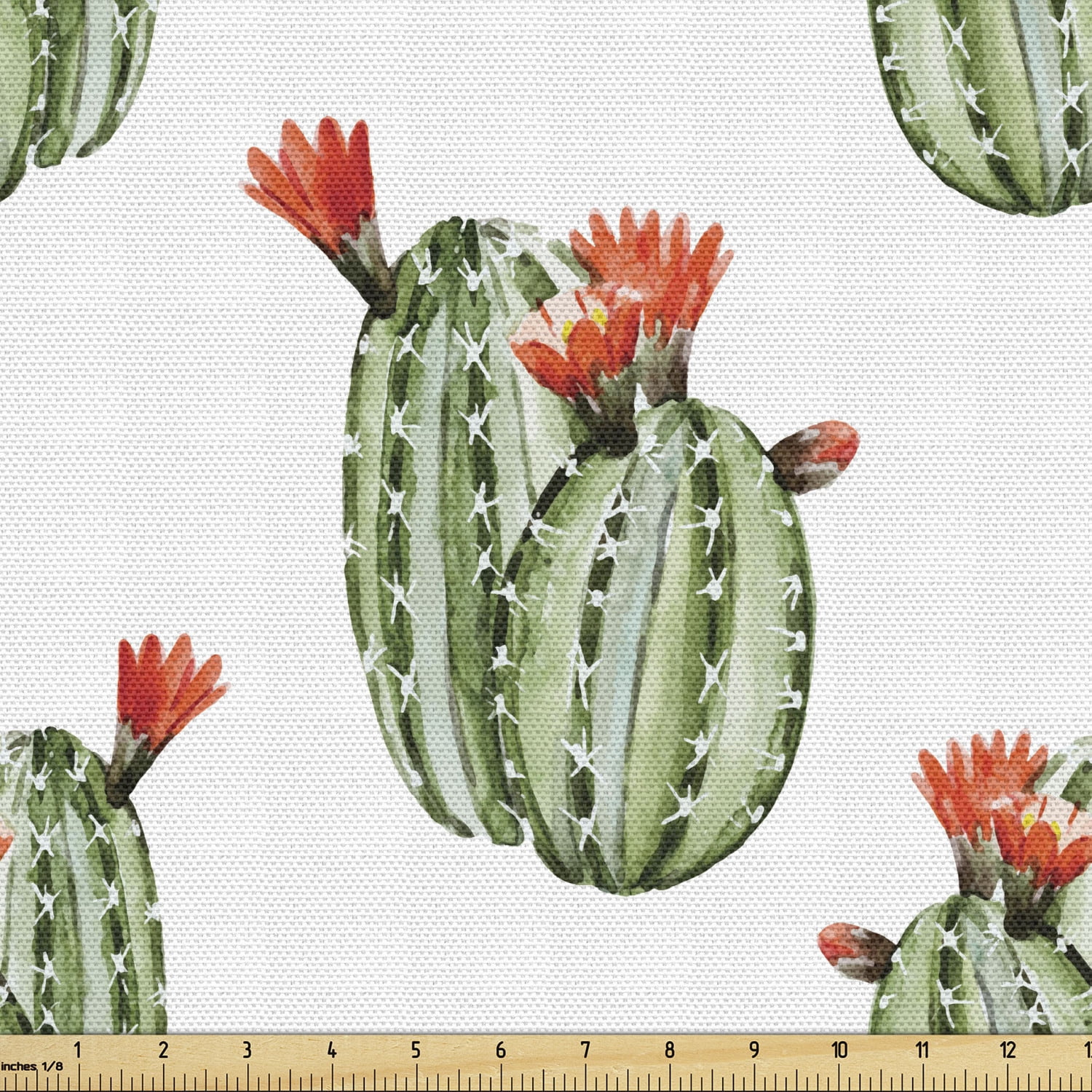 Cactus Upholstery Fabric by the Yard, Cacti Spikes and Red Flowers Mexican Hot Desert Vintage