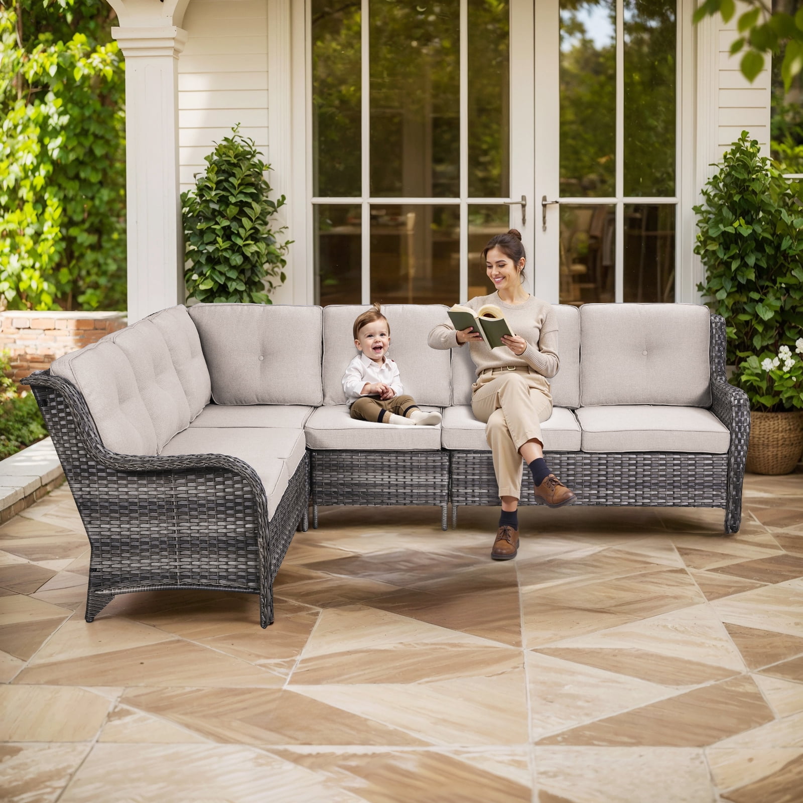 Gymojoy 2-Piece Outdoor Patio Furniture Set, L-Shaped Sectional Sofa, All-Weather PE Wicker Rattan Conversation Set,Gray/Beige