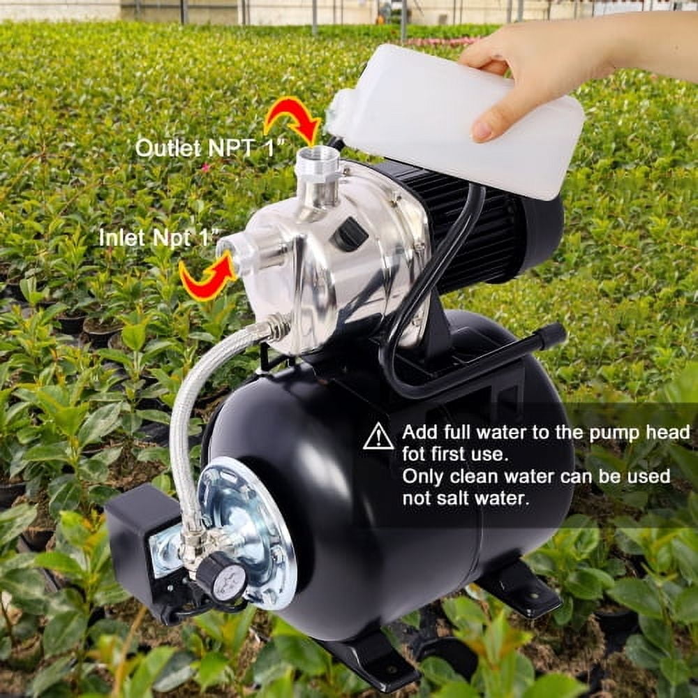 black 1.6 HP Shallow Well Pump with 5-Gallon Pressure Tank, Automatic Garden & Irrigation Water Pump, Stainless Steel Head, 1000 GPH, for Home Lawn Farm