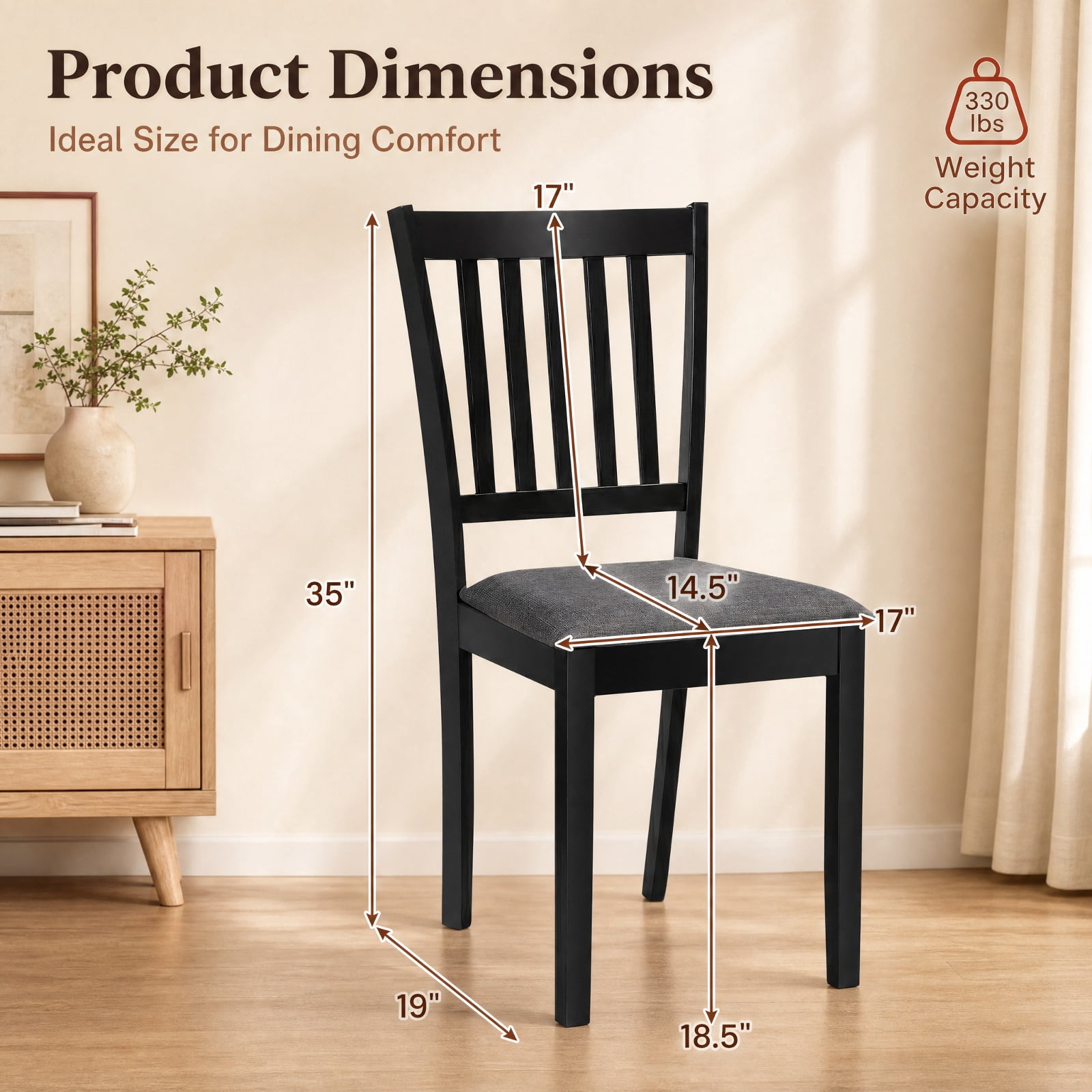 Furnibear Upholstered Wooden Dining Chairs Set of 2 with Padded Fabric Seats and Rubber Wood Frame for Kitchen Dining Room, Black