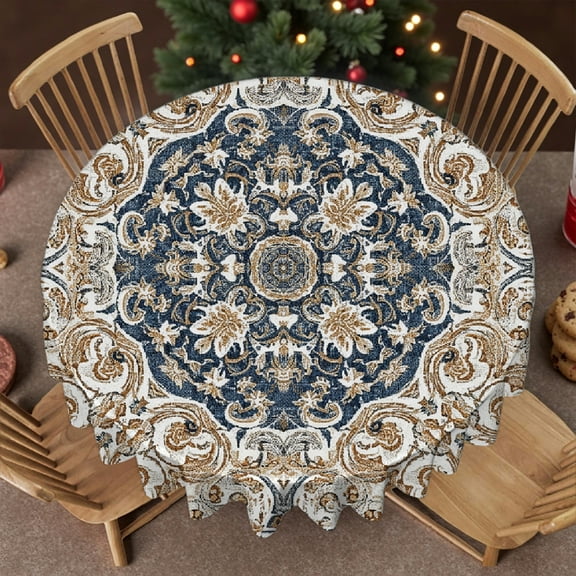 RKSupls 60 Inch Boho Carpet Pattern Boho Style Ethnic Design Gold Blue Print Round Tablecloth, Festive Table Setting Polyester Tablecloths