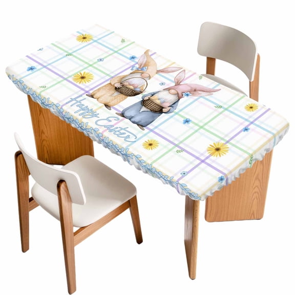 Watercolor Easter Table Cloths for 5 Foot Rectangle Tables, Cute Gnomes Eggs Flowers Colorful Grid Patio Waterproof Elastic Fitted Tablecloths, Washable Rectangular Table Cover for Camping