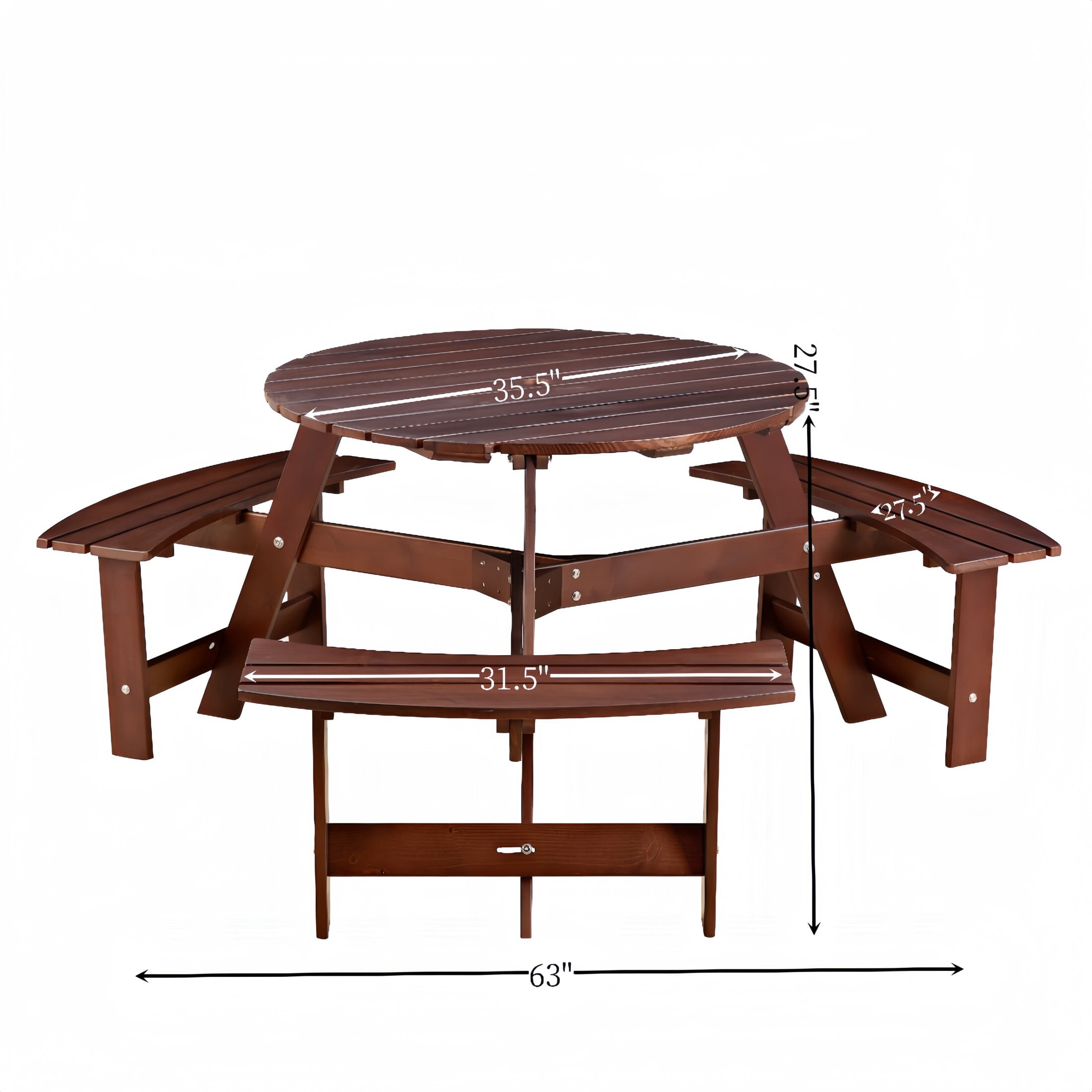 DEALTOPS 6 Person Wood Picnic Table with 3 Built-in Benches, Outdoor Round Table and Bench Set with Umbrella Hole for Park, Brown
