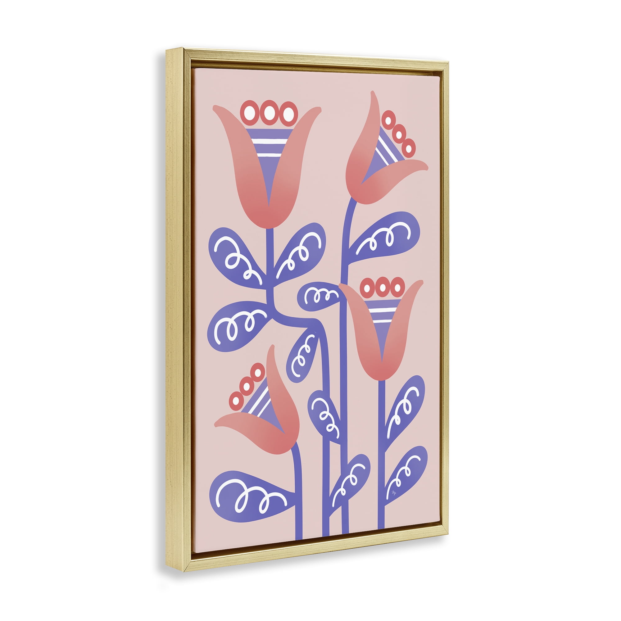 Stupell Industries Tulip Flowers Pink Deco Floral & Botanical Painting Gold Floater Framed Canvas Art Print Wall Art, 17 x 25
