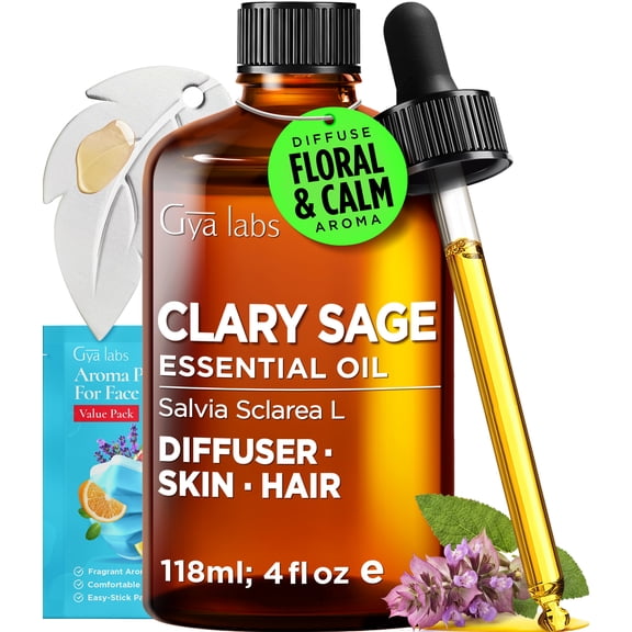 Gya Labs Clary Sage Essential Oil with Aromatherapy Stone for Women's Self-Care & Diffuser, 4 Fl Oz – Herbaceous Floral Aroma for Hair & Skin Care, DIY Blends, Candles & Soap Making