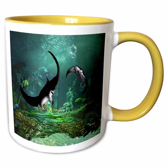3drose, Awesome Manta Ray in the Deep Ocean, 15oz Two-tone Yellow Mug
