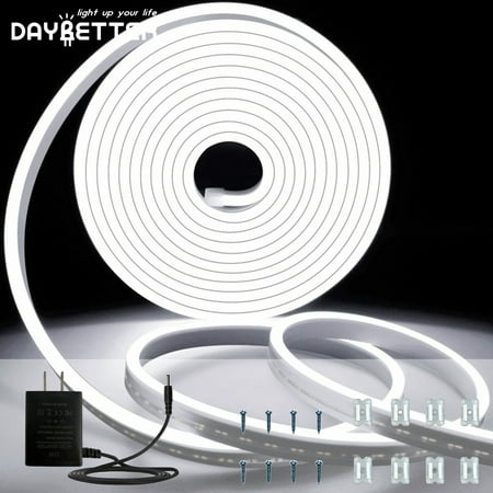 DAYBETTER 16.4ft White LED Neon Rope Lights, 24v Low Voltage and IP65 Waterproof Flexible Strip Lights for Indoor Outdoor Home Decor（Include Power Adapter）
