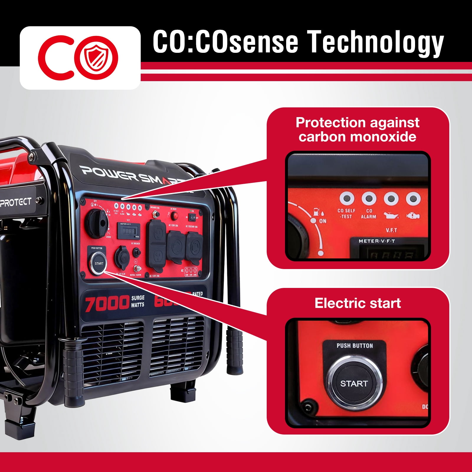 PowerSmart 7000 W RV Ready Electric Start Portable Open Frame Inverter Generator with Quiet Technology and CO Shield
