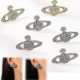 thumbnail image 3 of Crystal Saturn Heart Orb Drop Dangle Stud Earrings Rhinestone Silver Gold-In stock, 3 of 5