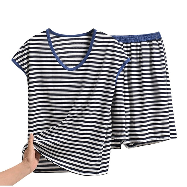 Bocqde Ensembles de Pyjama d'Été pour Femmes Grande Taille Mode T-Shirt à Col Rond Imprimé à Rayures et Short à Taille Élastique Ensemble de Pyjama 2 Pcs pour Femmes Coupe Décontractée Tenue de Détente Confortable
