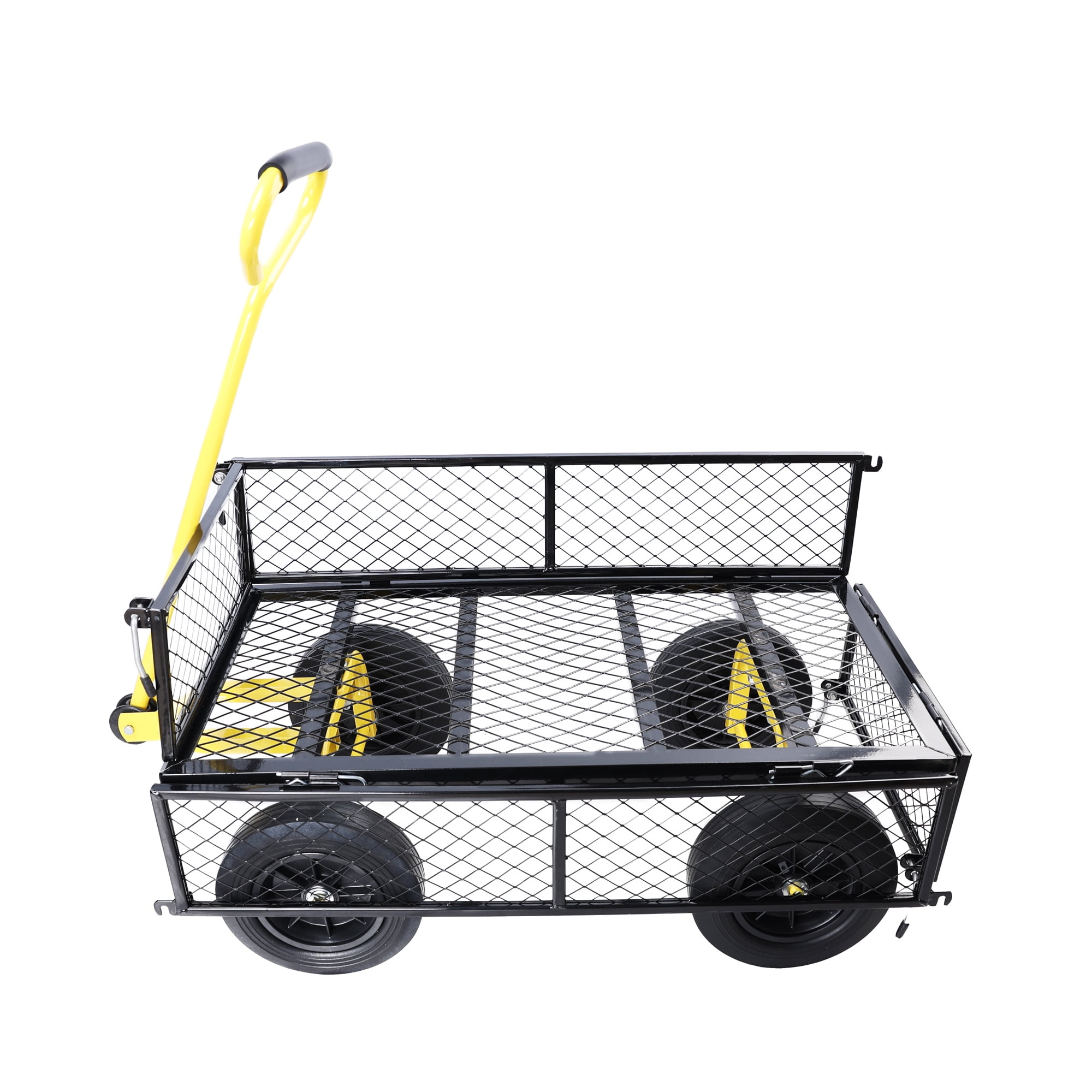 Aukfa Mesh Steel Wagon Cart with Removable Sides, Garden Cart Heavy Duty Utility Wagon with Rotating Handle/10'' Tires for Garden Yard, Yellow