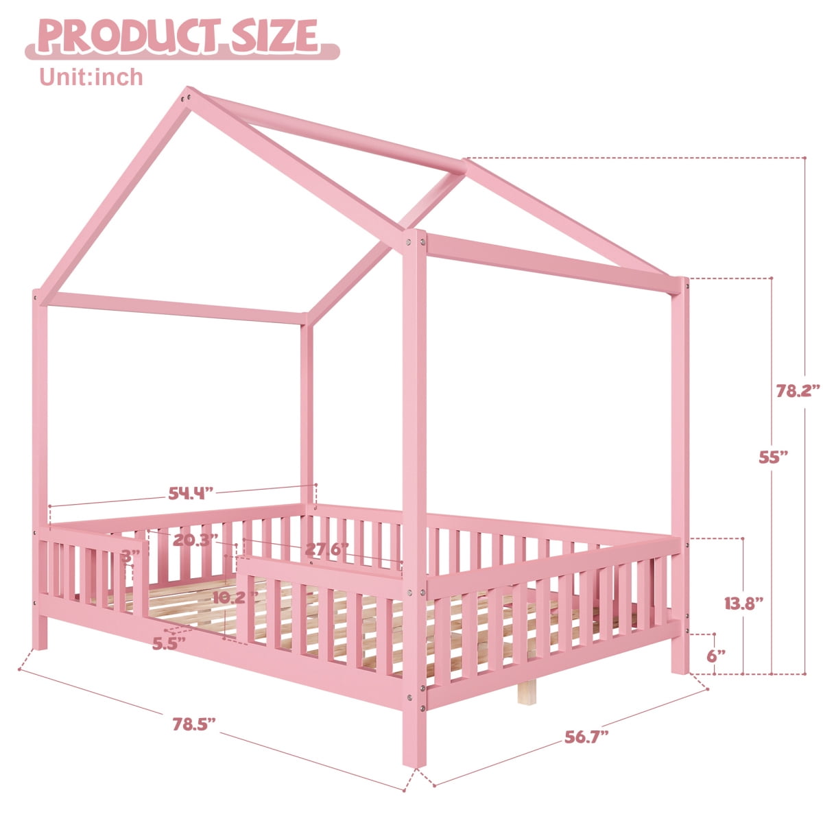 Full Size Montessori Floor Bed with Canopy, Wooden House Shape Bed with High Railings and Roof, Floor Bed Frame with Reinforced Slats Support, No Box Spring Needed, House Beds for Kids, Girls, Pink