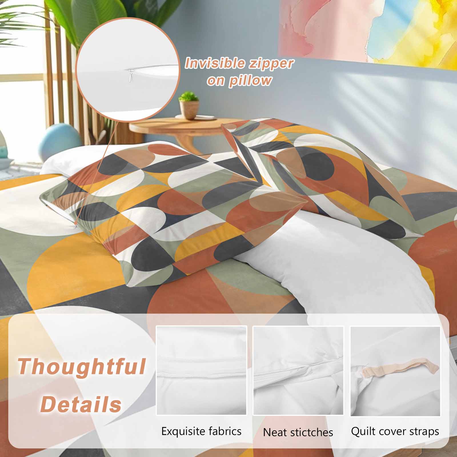 Mid-Century Modern Duvet Cover Set King Size, Abstract Geometric Semicircle Green 4 Piece Soft Microfiber Bedding Set with 1 Duvet Cover, 1 Flat Sheet, 2 Pillowcases