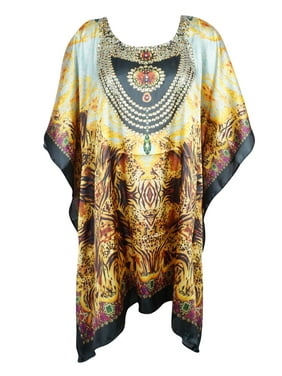 Mogul Women Holiday Wear Kaftan Jewel Print Loose Beach Cover Up Resort Wear Tunic Caftan Dress 3XL